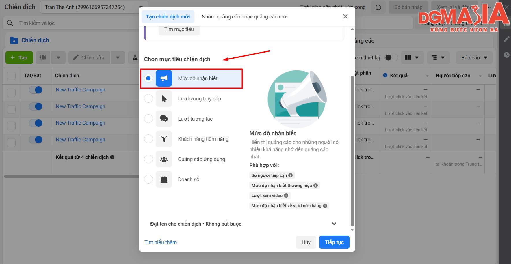 Bạn nên sử dụng các chiến dịch quảng cáo với mục tiêu là “Mức độ nhận biết” để tăng lượt follow cho Page của mình