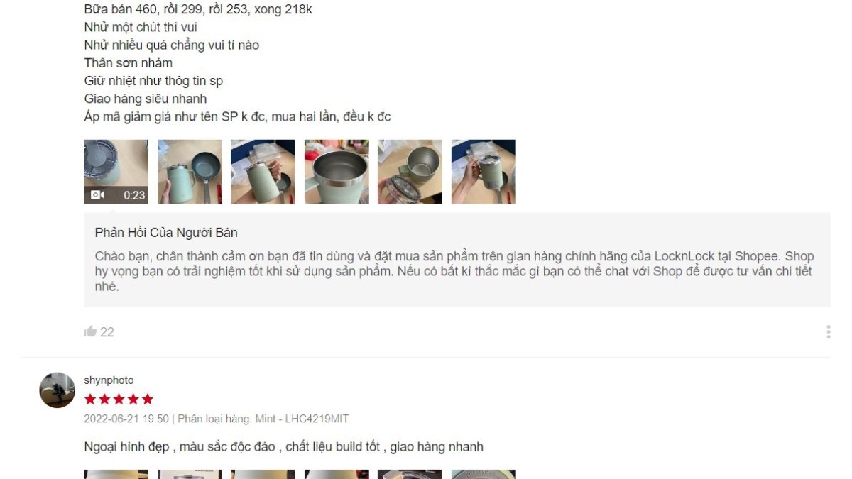Những đánh giá/trải nghiệm của khách hàng kèm với hình ảnh trên một gian hàng Shopee