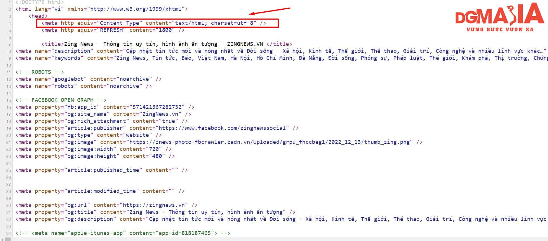 Thẻ Meta Content Type của trang báo điện tử Zingnews