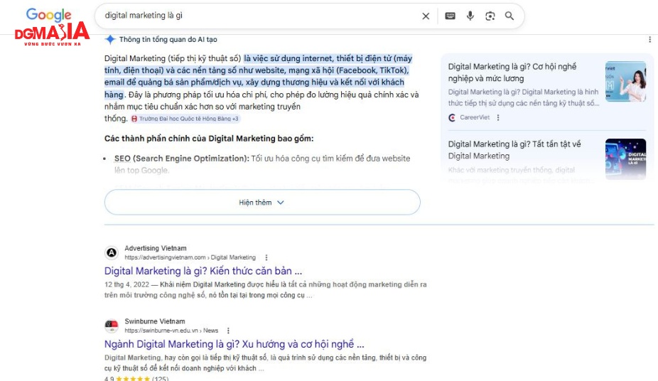 Phân biệt seo aio geo aeo - Khi tìm kiếm trên Google, ngoài các link liên kết còn có kết quả do AI trả lời tự động